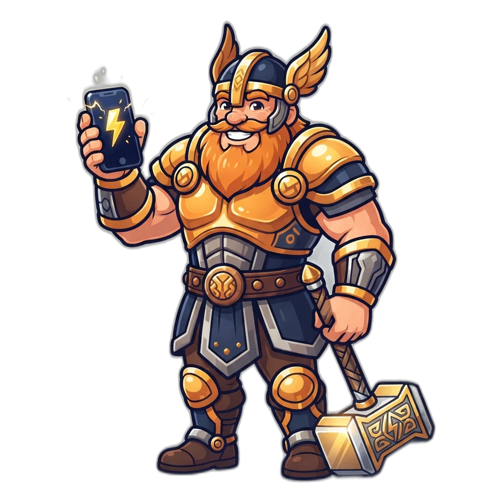Thunder warrior mascot holding a smartphone with a glowing lightning app icon