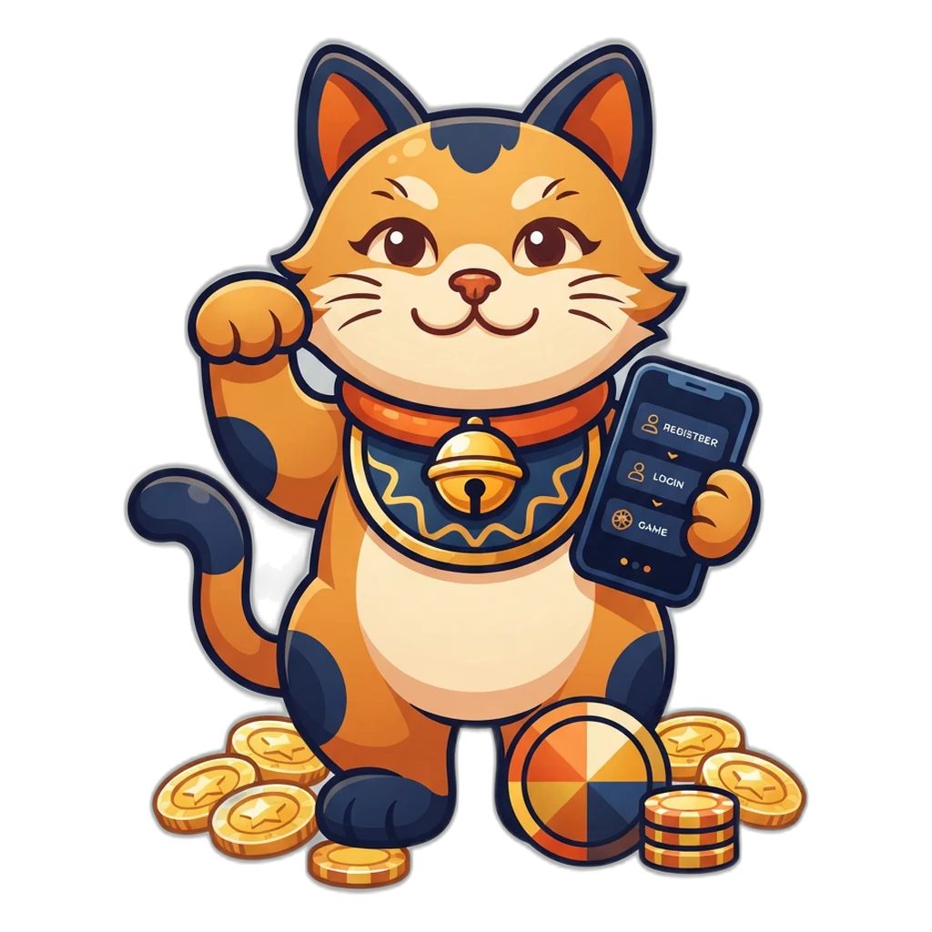 Registration steps on the platform shown by a lucky cat casino mascot