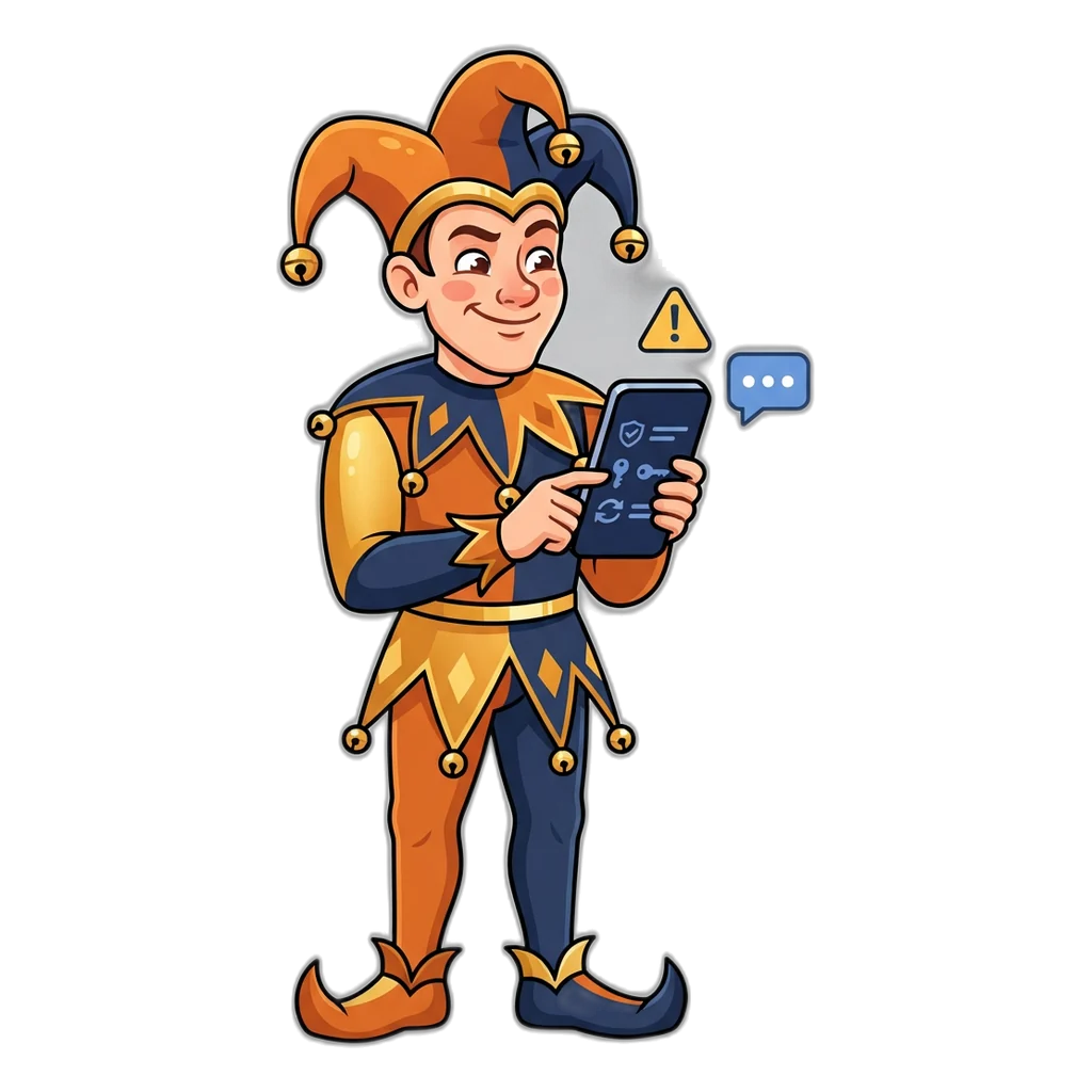 Joker mascot checking a phone while fixing common 9K Club login problems