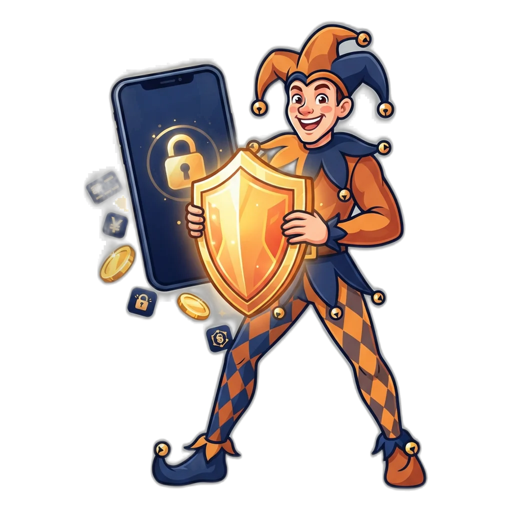 Joker mascot guarding a 9K Club account with a shield and lock on a phone