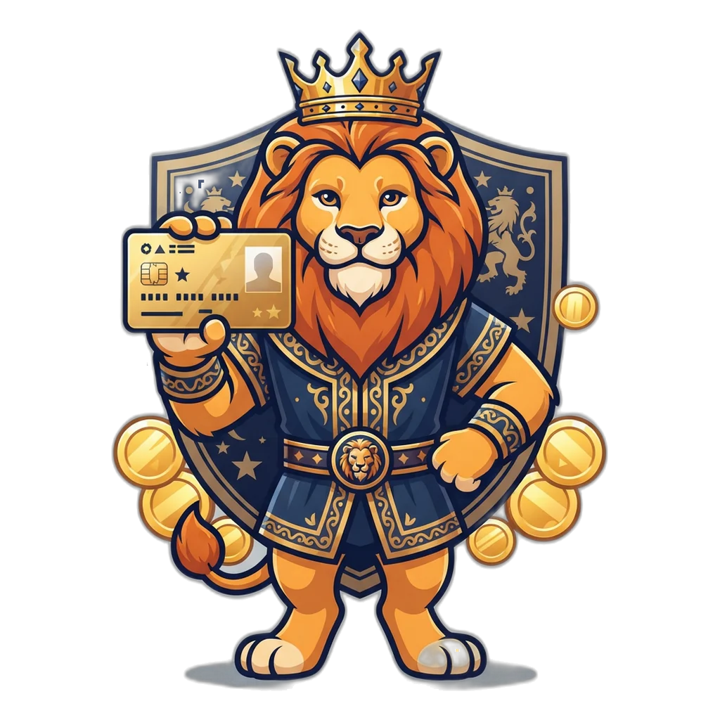 Lion mascot wearing a crown and holding a golden 9K Club registration card for new players