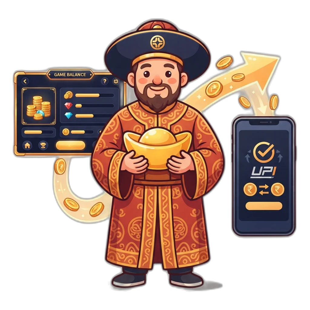 Merchant mascot guiding a withdrawal from a game wallet to a UPI account in INR