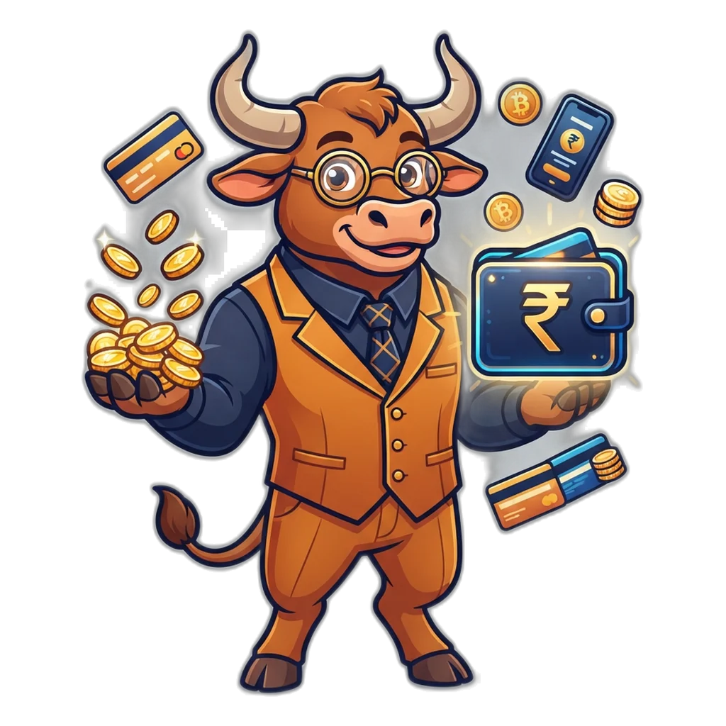 Ox banker mascot holding gold coins beside a secure wallet with a rupee symbol for 9K Club payments