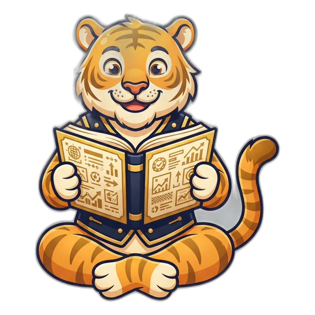 Golden tiger mascot reading a guide beside colour prediction icons