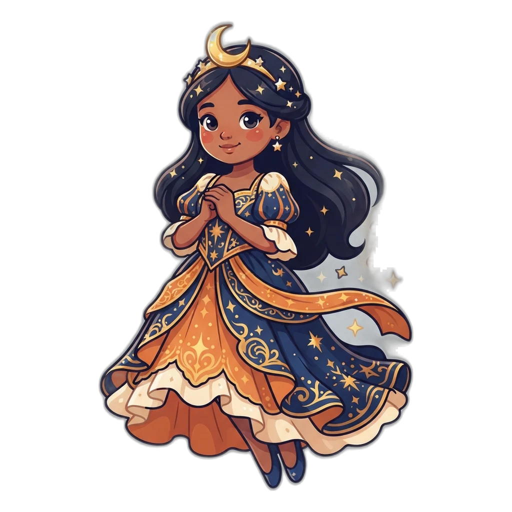 Moon princess mascot surrounded by glowing question marks and stars