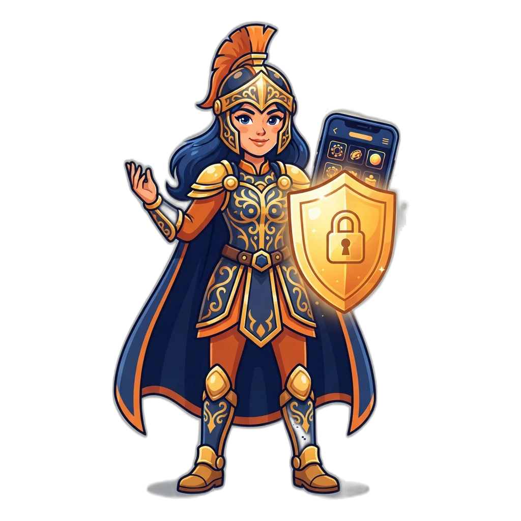 Warrior princess mascot holding a glowing shield that protects a player account
