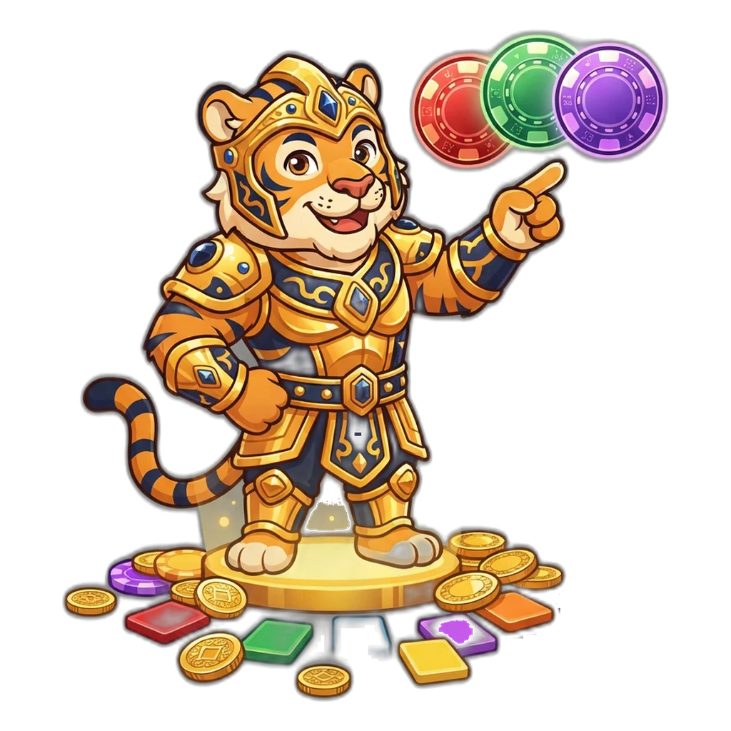Golden tiger mascot pointing at red, green, and violet colour prediction chips