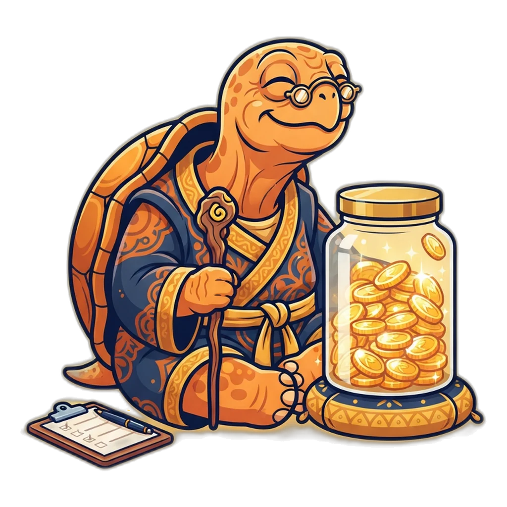 Tortoise sage mascot guarding a jar of rupee coins with a budget list