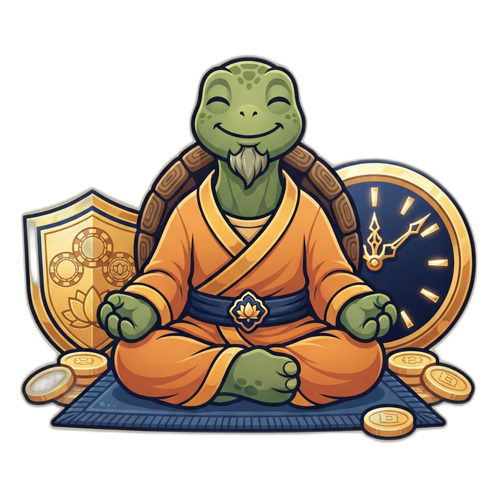 Tortoise sage mascot resting calmly with a shield and clock for responsible gaming
